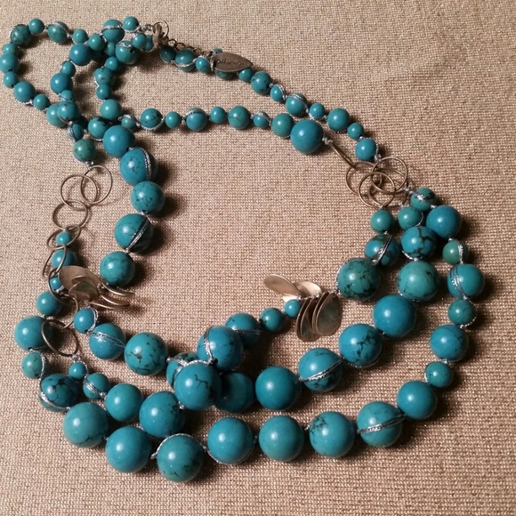 Turquoise Blue Riverstone Brass Beaded Necklace - Picture 3 of 6